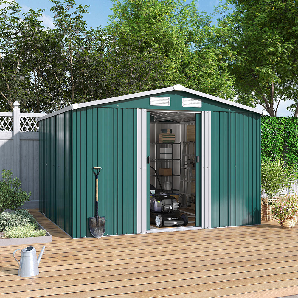8x8ft Green Metal Garden Storage Shed with Gable Roof – Weatherproof Tool Shed for Backyard